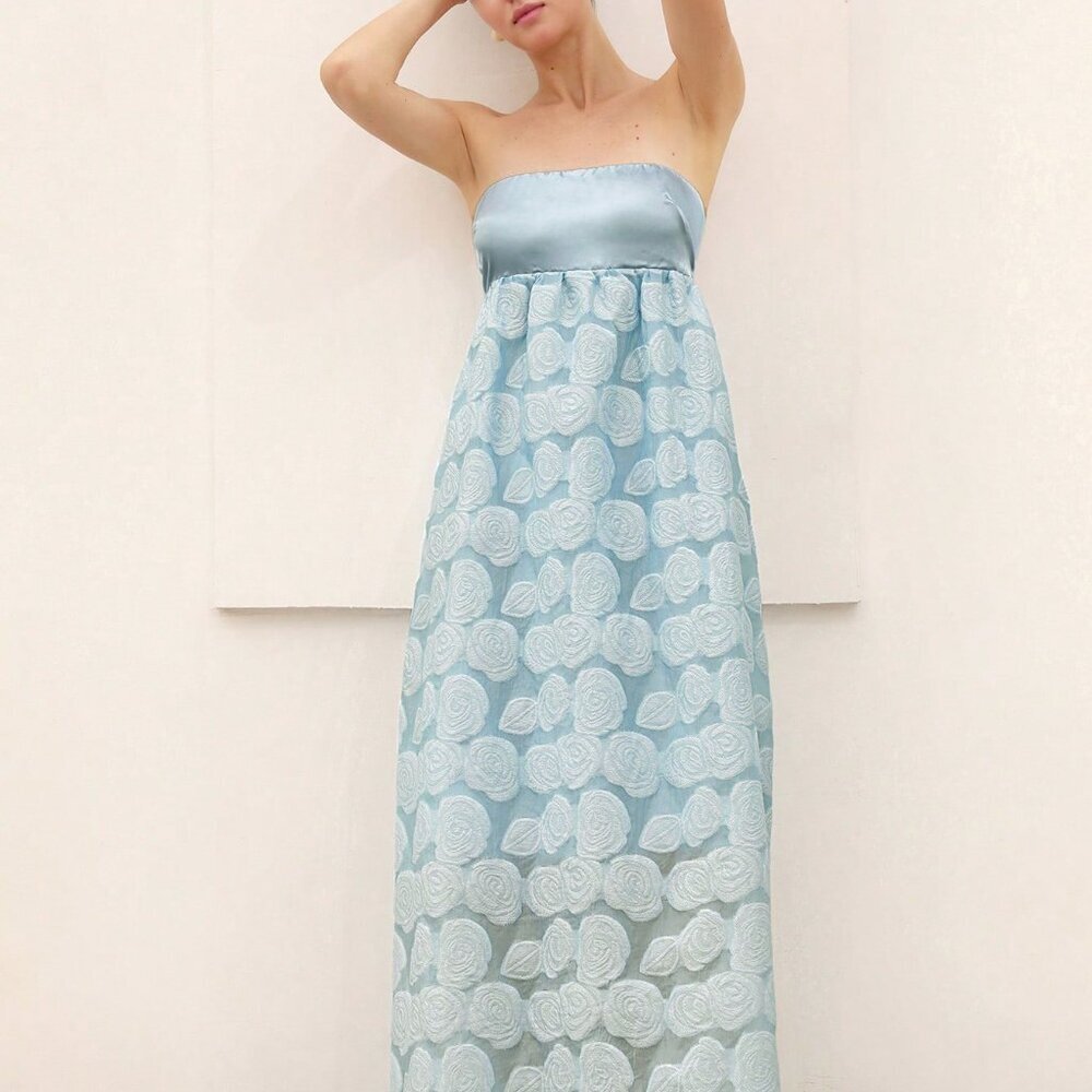 Blue Elegant Women's Satin Jacquard Dress - Picture 4 of 6